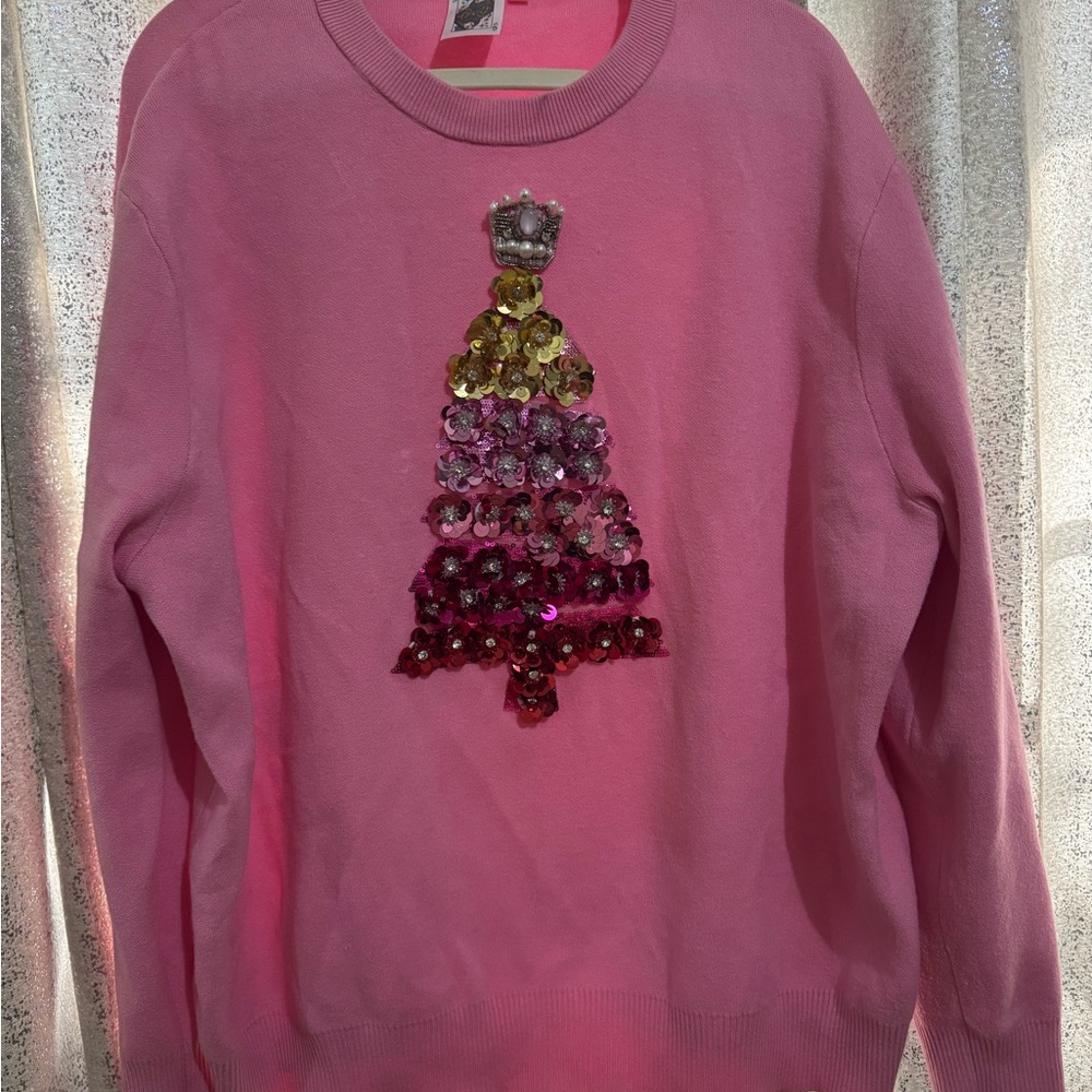 QUEEN OF SPARKLES Pink Sweater with Sequin Christmas Tree Design